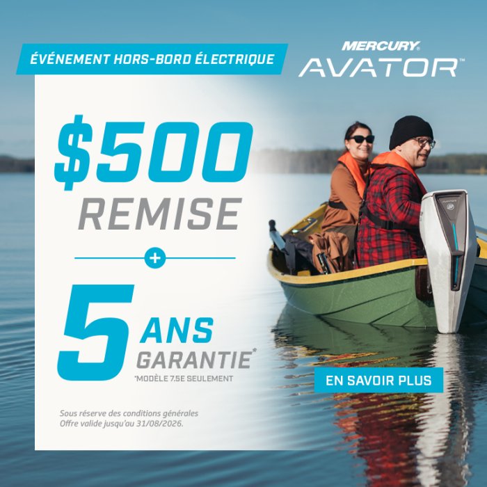 Receive a $500 Rebate + 5 Year Warranty on Mercury Avator 7.5e Outboards
