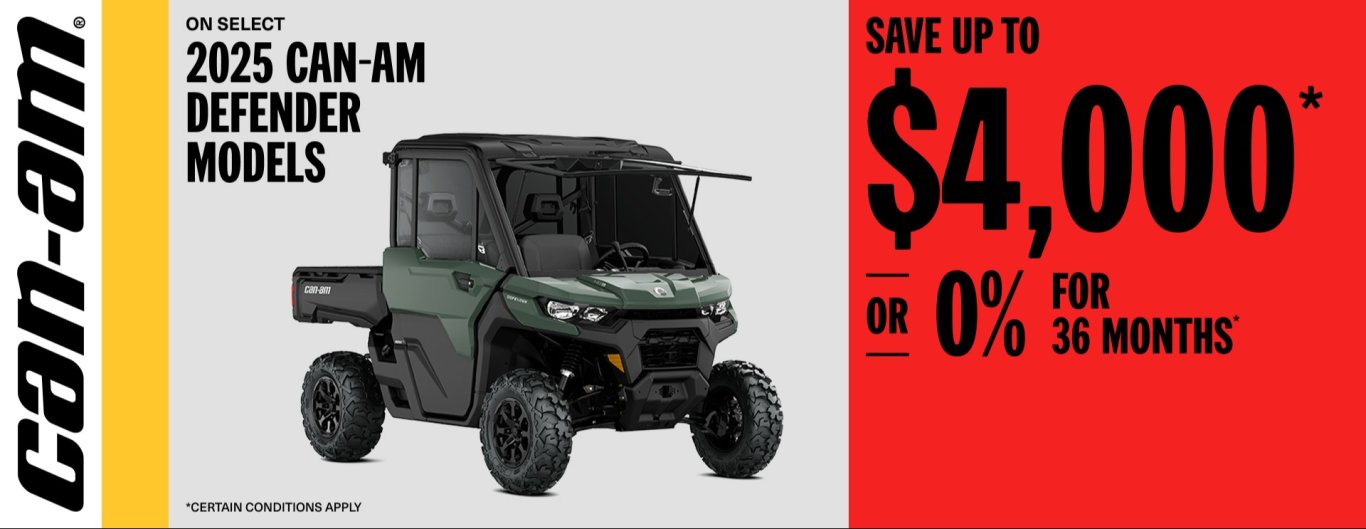 Can Am SXS Économisez jusqu'à 4 000 $ sur certains modèles Defender 2025 ou 0 % pendant 36 mois