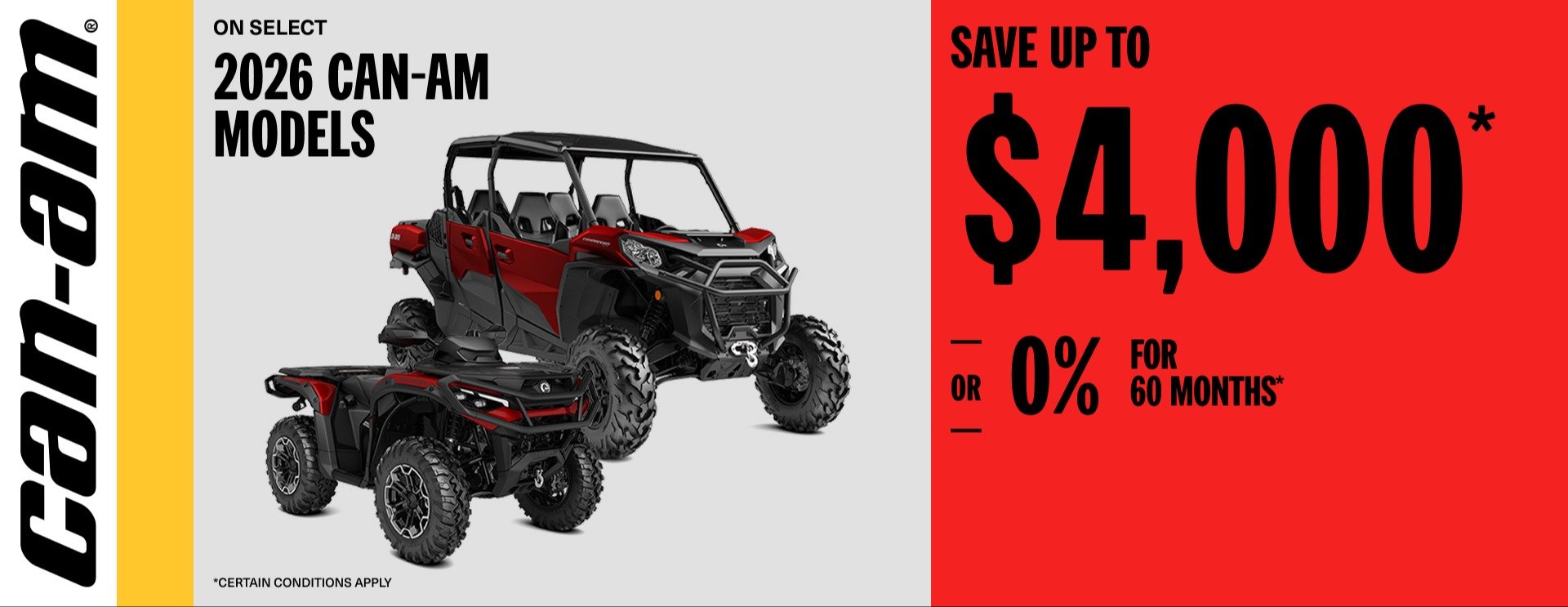 Can Am save up to $4,000 or 0% for 60 months on select 2026 models