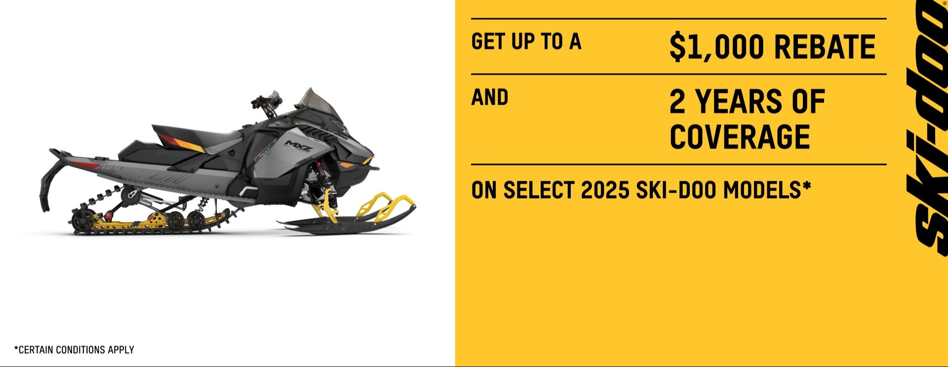 Get up to a $1,000 rebate and 2 years of coverage on select 2025 ski doo models