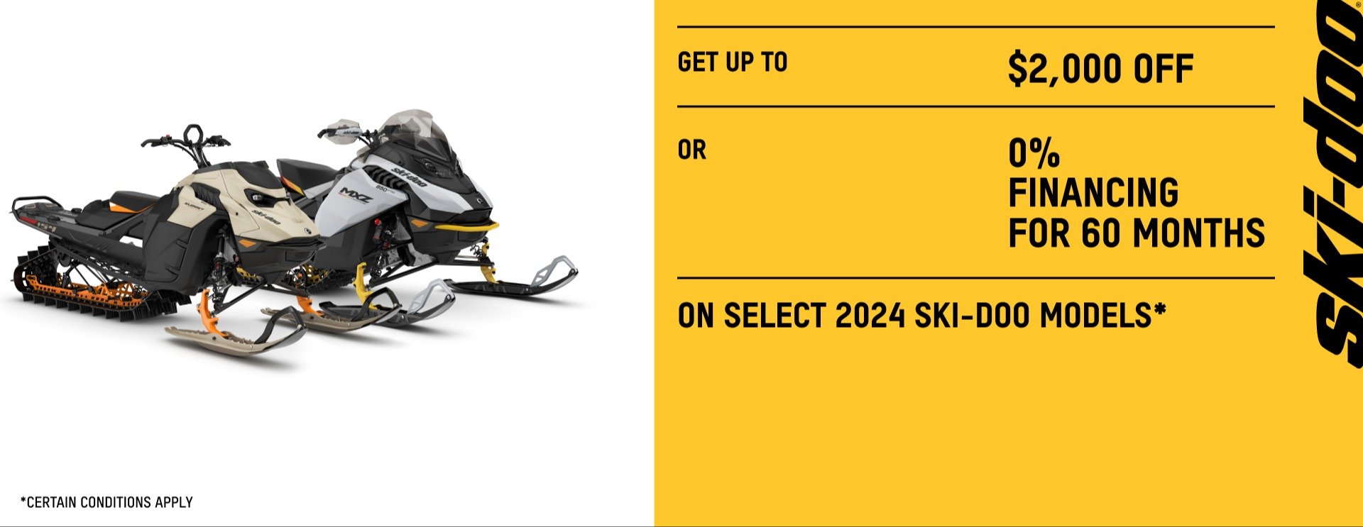 Get up to $2,000 off or 0% financing for 60 months on select 2024 ski doo models