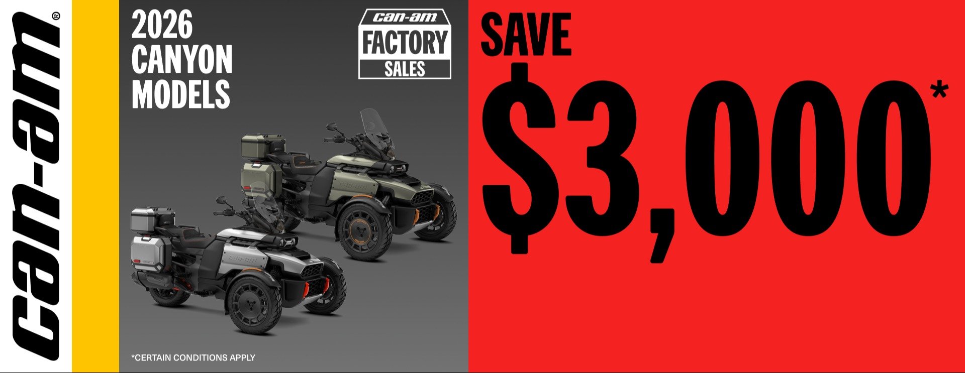 Can Am 3 Wheel save $3,000 on 2026 Canyon models