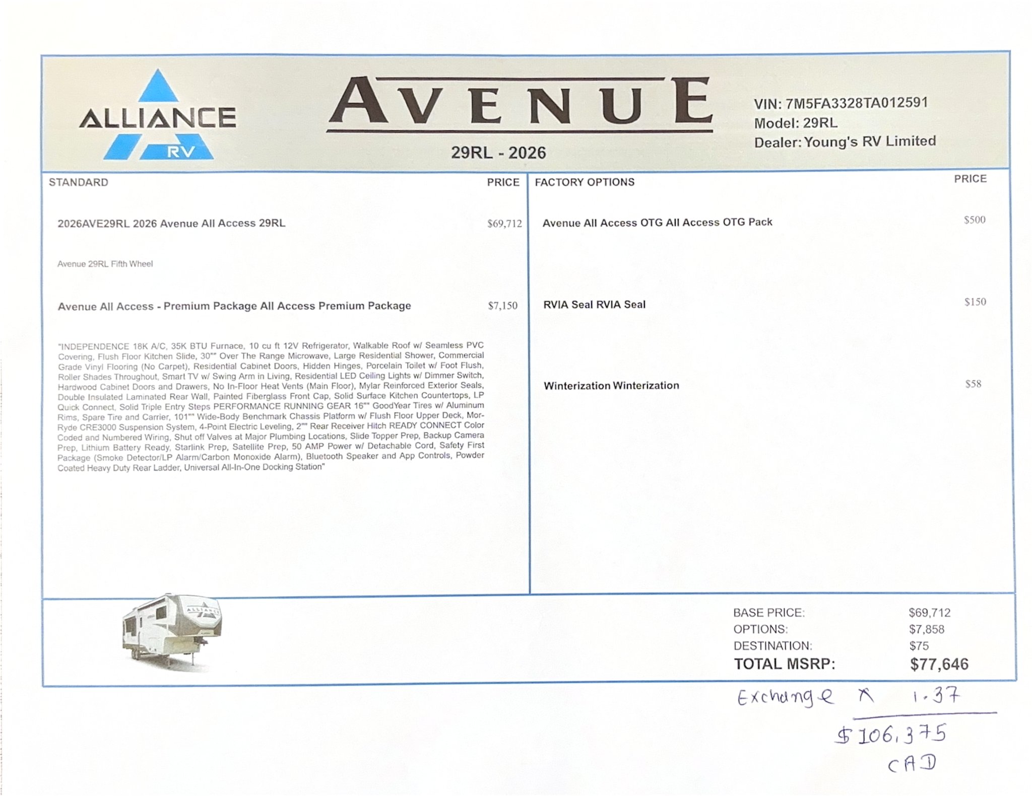 2026 Alliance 29RL Avenue Fifth Wheel
