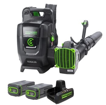 Greenworks 82V Dual Port Backpack Blower with Two 5Ah Batteries and Dual Port Charger (82BA26 52DP)