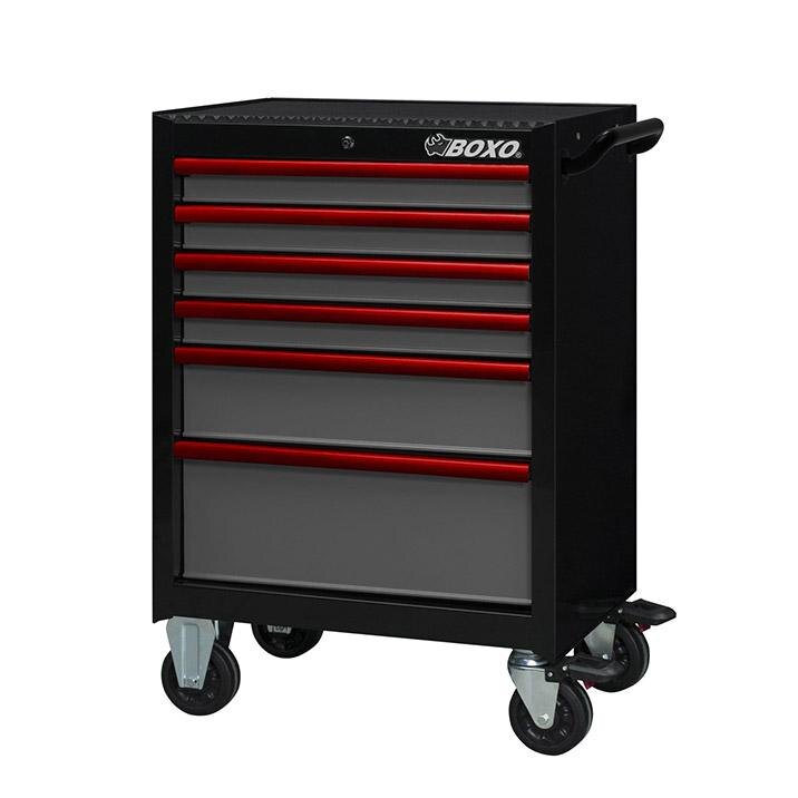 26" 6 Drawer Roll Cab (Gloss Black Body/Gloss Gray Drawers/ Red Anodized Drawer Pulls)