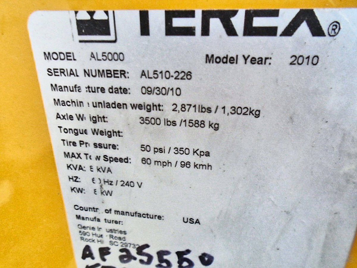 2010 Terex AL500 Portable 8KW Single Axle Light Tower