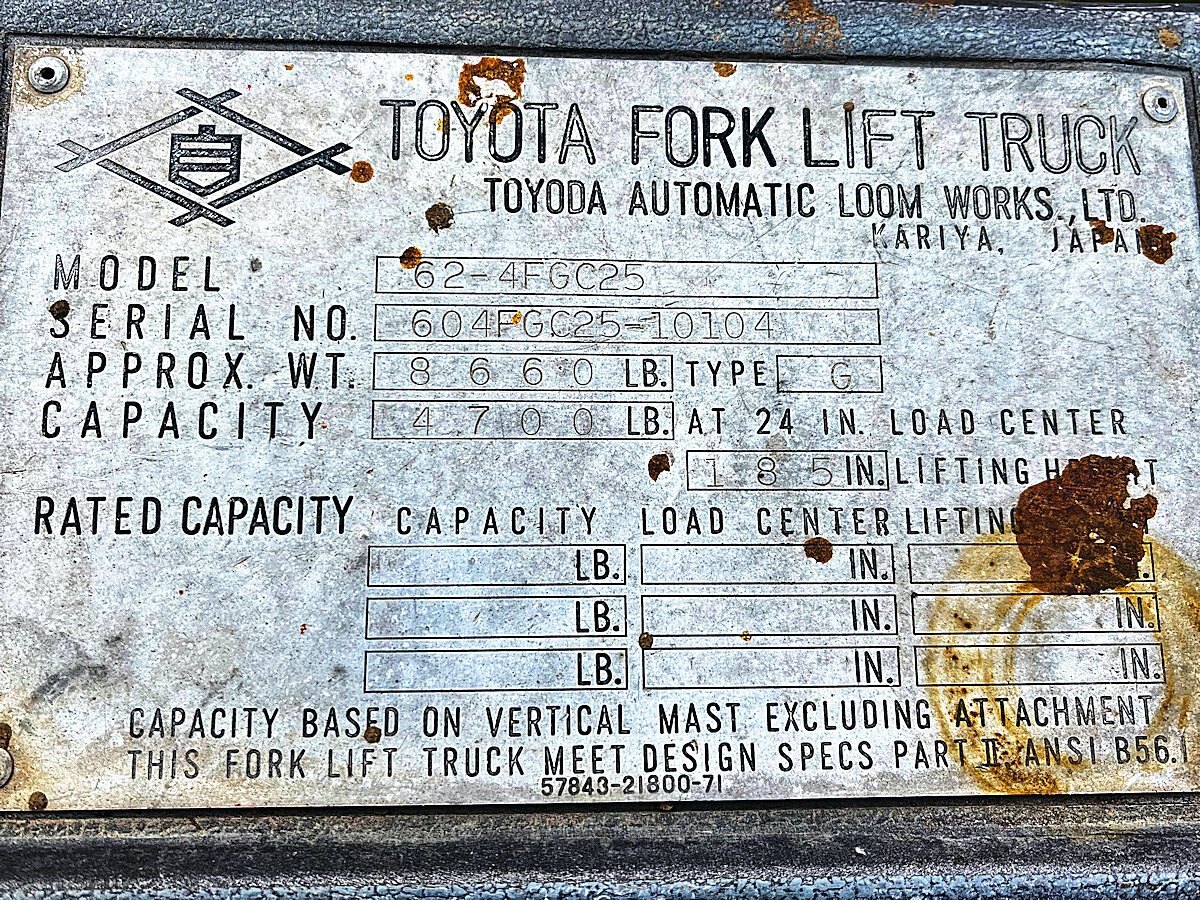 FORKLIFT TOYOTA MODEL 62 4FGC25 CUSHION LPG 5,000 LB