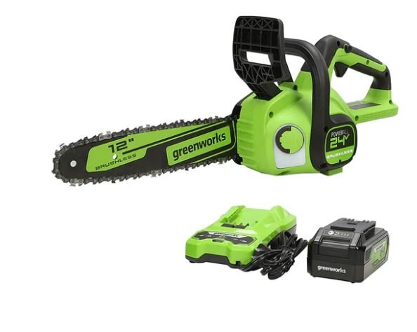 Greenworks 24V 12 Brushless Chainsaw, 4.0Ah USB Battery and Charger Included CS24L410
