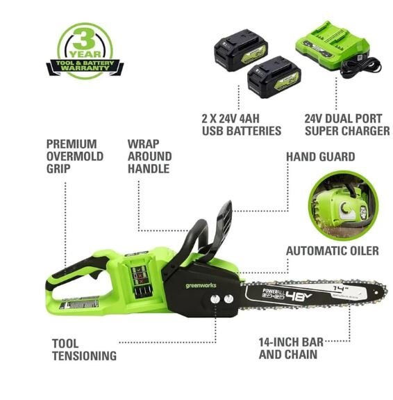 Greenworks 48V (2 x 24V) 14 Brushless Chainsaw, (2) 4.0Ah USB Batteries and Dual Port Charger CS48L4410