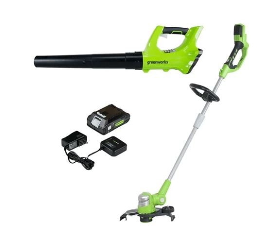 Greenworks 24V String Trimmer and 100 MPH 330 CFM Jet Blower Combo, 2.0Ah Battery and Charger Included