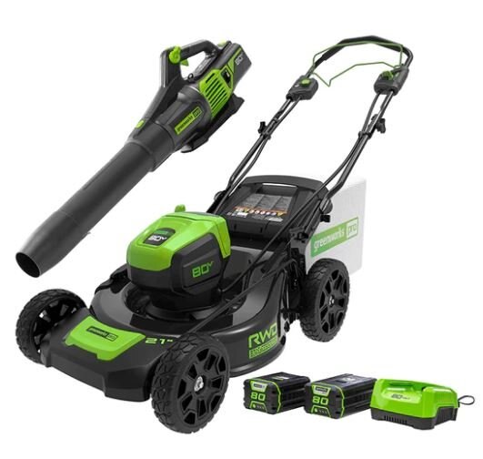 Greenworks 80V 21 Self Propelled Mower and Axial Blower, 2.0 Ah & 4.0Ah Battery and Charger Included