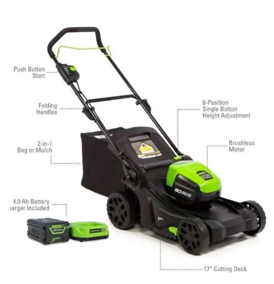 Greenworks 60V 17 Lawn Mower & 60V 13 String Trimmer Combo Kit, 4.0Ah Battery and Charger Included