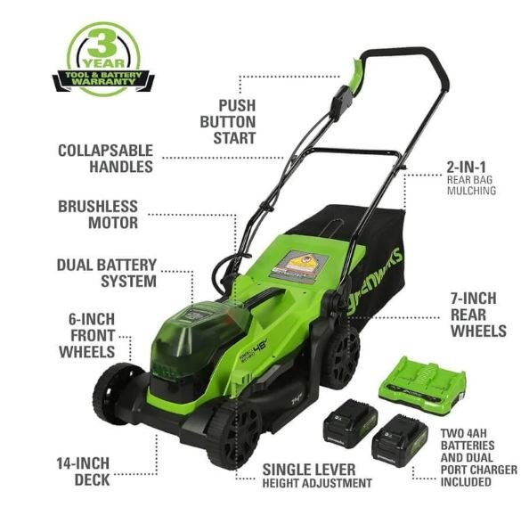 Greenworks 48V (2 x 24V) 14 Lawn Mower, (2) 4.0Ah Battery and Charger