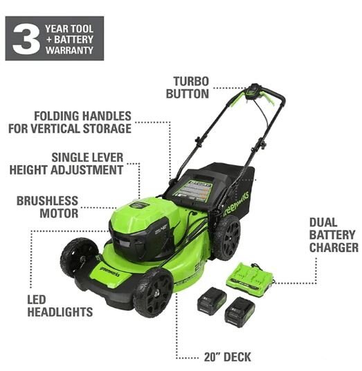 Greenworks 2 x 24V (48V) 20 Brushless Push Mower, (2) 4Ah USB Batteries and 4A Dual Port Charger