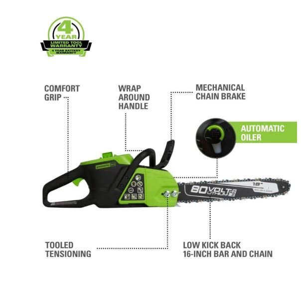 Greenworks 80V 18 Brushless Chainsaw, 2.0Ah Battery and Charger Included