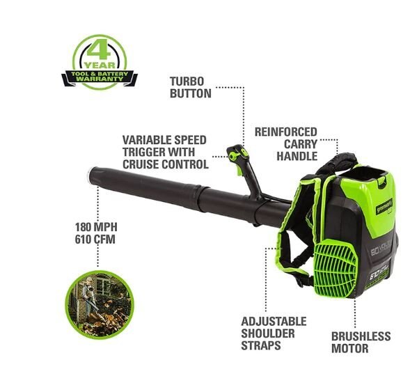 Greenworks 80V 180 MPH 610 CFM Brushless Backpack Blower (Tool Only) BPB80L00 (Costco Exclusive)