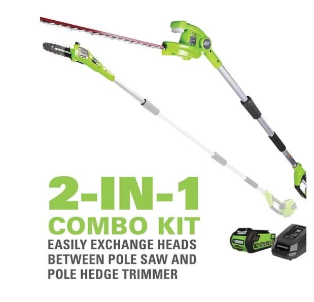 Greenworks 40V 8 Pole Saw with Hedge Trimmer Attachment, 2.0Ah Battery and Charger Included 1300402