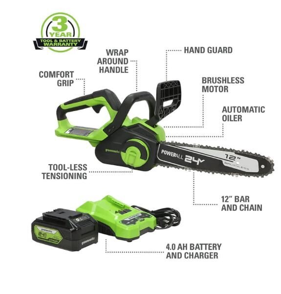 Greenworks 24V 12 Brushless Chainsaw, 4.0Ah USB Battery and Charger Included CS24L410