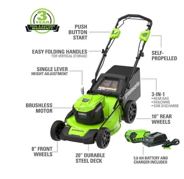 Greenworks 40V 20 Self Propelled Lawn Mower, 5.0Ah Battery and Charger Included