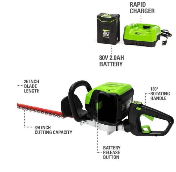 Greenworks 80V 26 Brushless Hedge Trimmer, 2.0Ah Battery and Charger Included GHT80321
