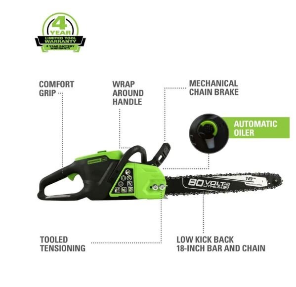 Greenworks 80V 18 Brushless Chainsaw & 80V Brushless Blower Combo Kit, 2.0Ah Battery and Charger Included