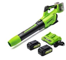Greenworks 48V (2 x 24V) Brushless Axial Leaf Blower 140 MPH - 585 CFM, (2) 4.0Ah USB Batteries and Dual Port Charger Included, BL48L4410