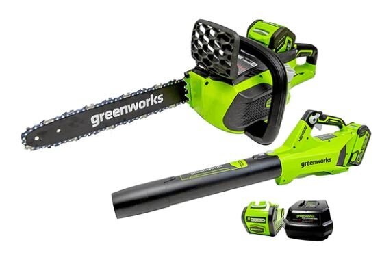 Greenworks 40V 14 Chainsaw & 40V 125 MPH 450 CFM Axial Jet Blower, 4.0Ah Battery and Charger Included
