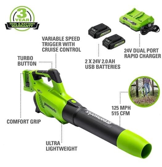 Greenworks 48V (2 x 24V) Axial Blower, (2) 2.0Ah USB Batteries and 4A Dual Port Charger Included