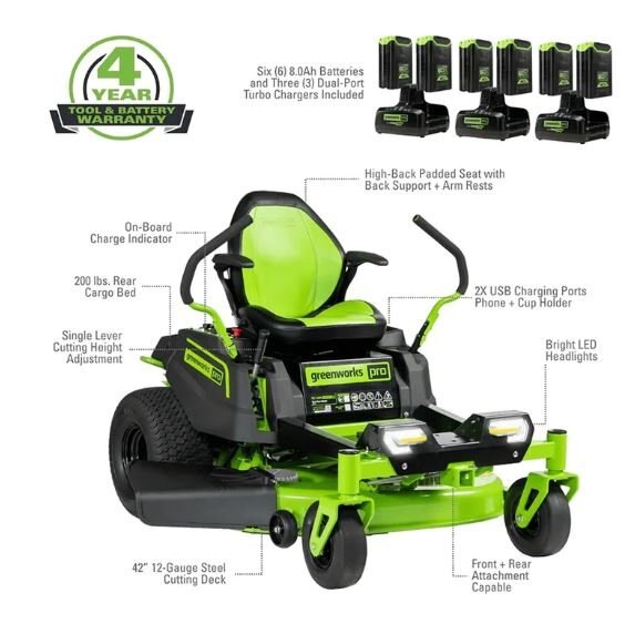 Greenworks 60V 42 Crossover Z Residential Zero Turn Lawn Mower, (6) 8.0Ah Batteries and (3) Dual Port Turbo Chargers