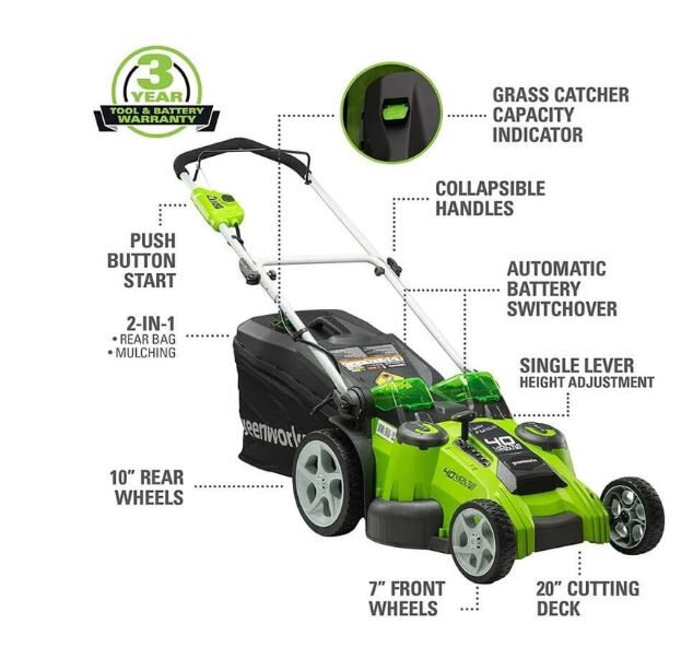 Greenworks 40V 20 Dual Blade Lawn Mower, 2.0 AH & 4.0 AH Batteries and Charger Included