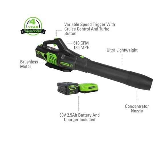 Greenworks 60V 130 MPH 610 CFM Brushless Jet Blower, 2.5Ah Battery and Charger Included