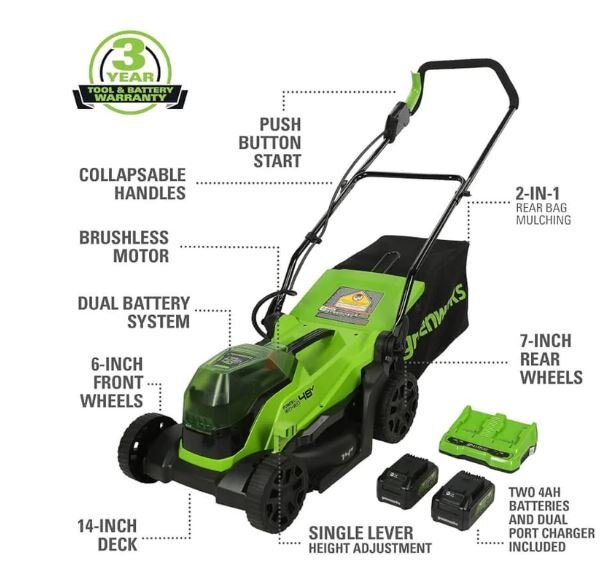 Greenworks 48V (2 x 24V) 14 Lawn Mower, 4.0Ah Batteries and Charger Included