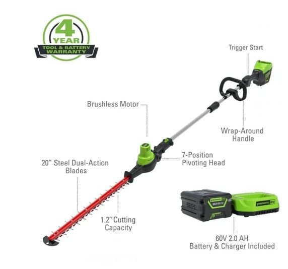 Greenworks 60V 20 Pole Hedge Trimmer, 2.0Ah Battery and Charger Included