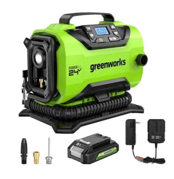 Greenworks 24V Portable Air Compressor Cordless Tire Inflator Air Pump, MAX 160 PSI, 2.0Ah Battery Included