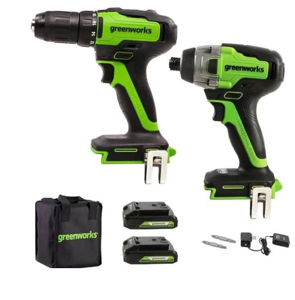 Greenworks 24V Brushless Drill / Driver and Impact Driver, (2) 1.5Ah Batteries and Charger Included CK24L1520
