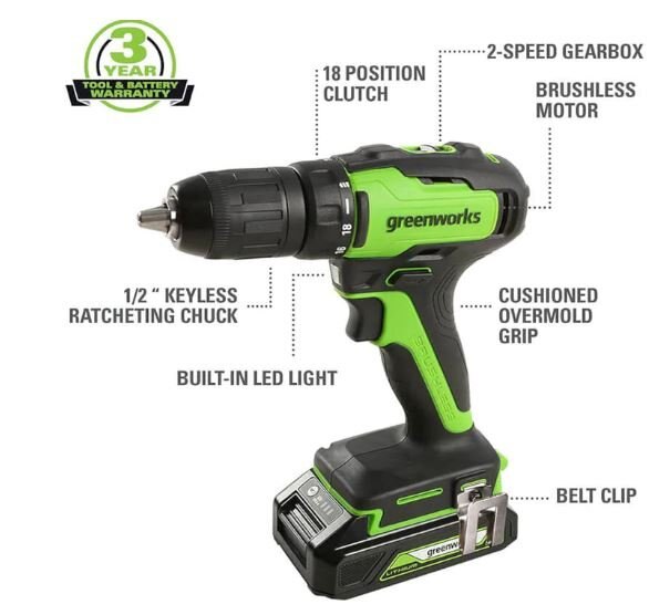 Greenworks 24V Brushless Drill / Driver and Impact Driver, (2) 1.5Ah Batteries and Charger Included CK24L1520