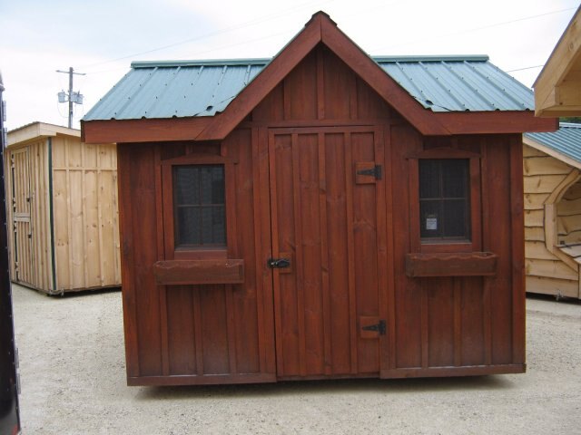 10x10 Outdoor Shed, stained with dormer