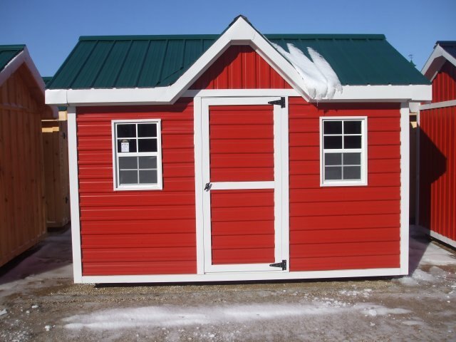 9x12 Metal Shed with Dormer, Dark Red, Melchers Green & White