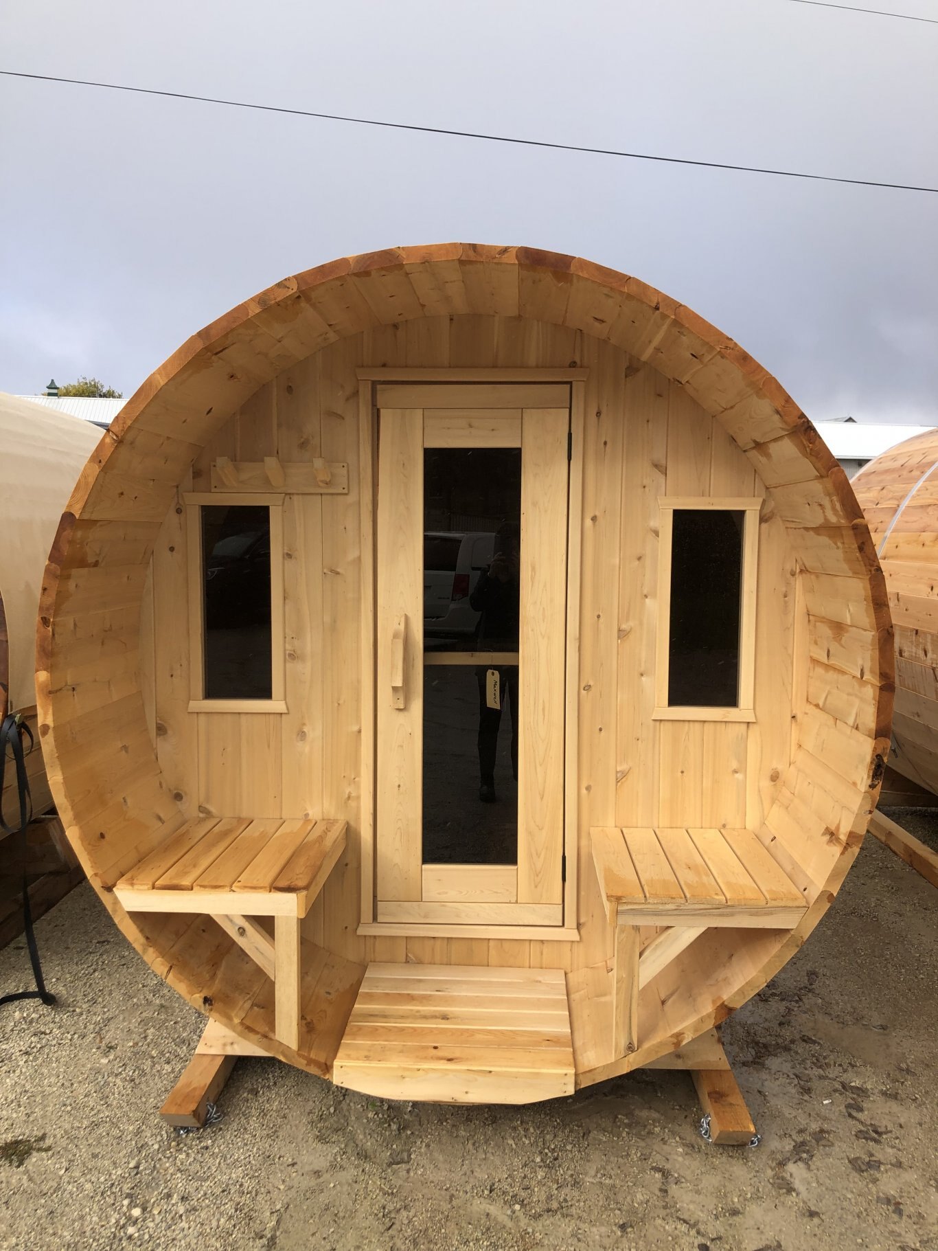 7x10 Barrel Sauna with Overhang & Exterior Benches