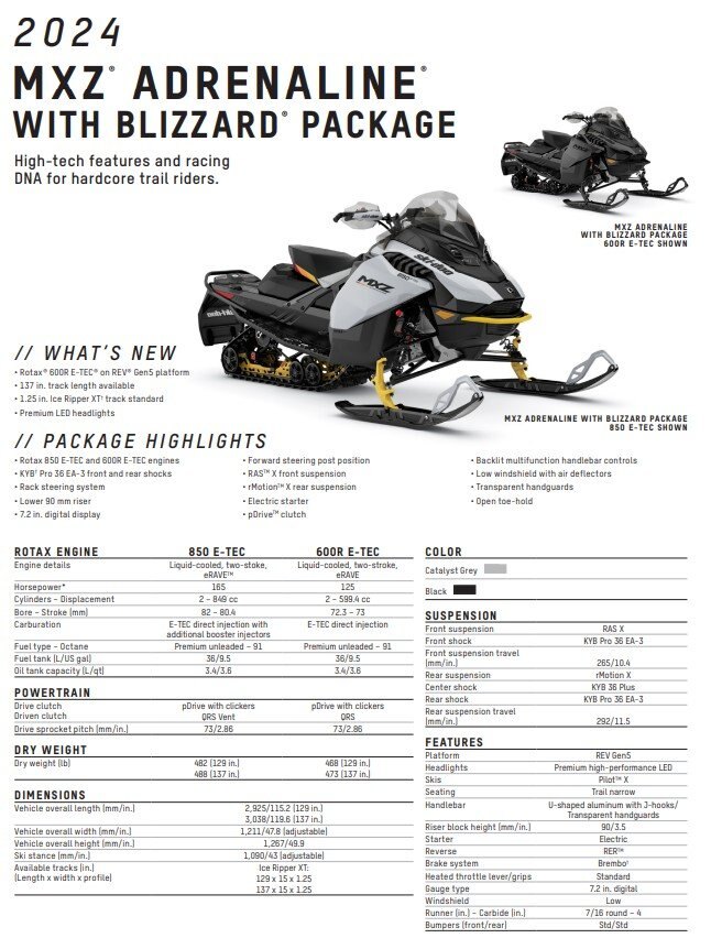 2024 Ski Doo MXZ Adrenaline Blizzard 850 E Tec