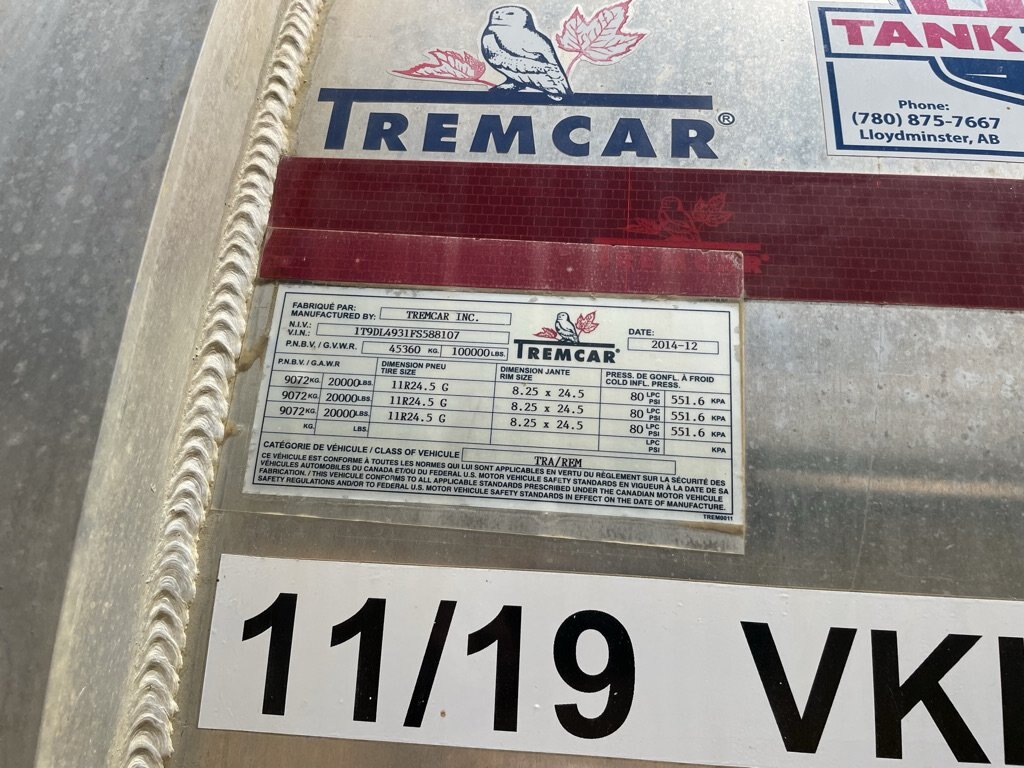 2015 Tremcar 407 42m3 Aluminum Tridem Tank Trailer