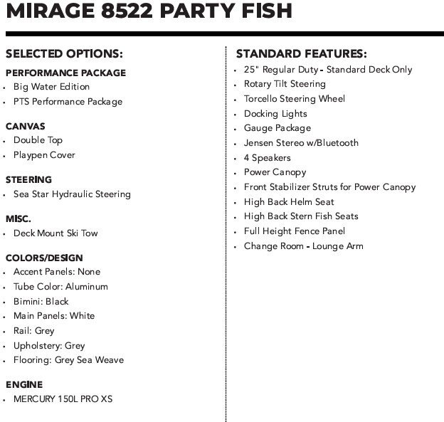 2023 Sylvan Mirage 8522 Party Fish Package