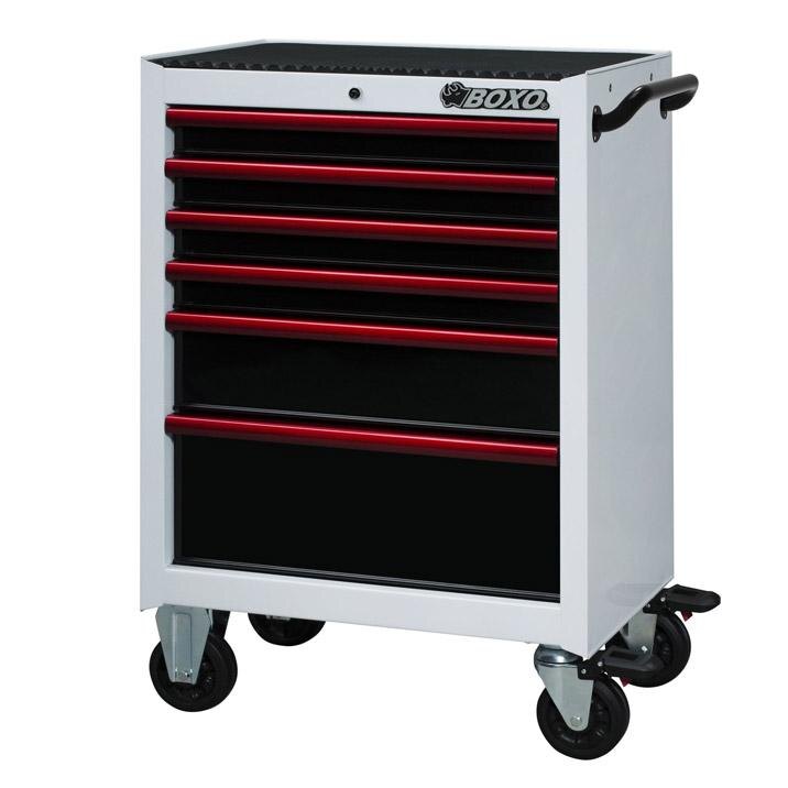 26" 6 Drawer Roll Cab (Gloss White Body/Gloss Black Drawers/ Red Anodized Drawer Pulls)