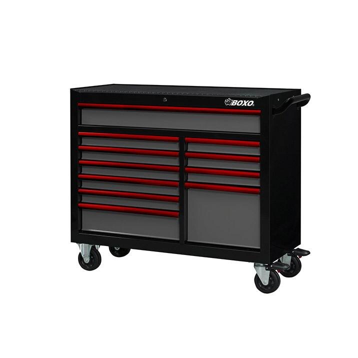 45" 11 Drawer Roll Cab (Gloss Black Body/Semi Gloss Gray Drawers/ Red Anodized Drawer Pulls)